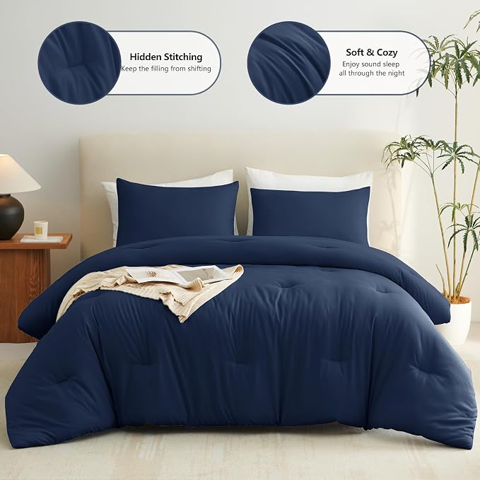 CozyLux California King Comforter Set Navy Blue, 3 Pieces Cal King Solid - Image 3