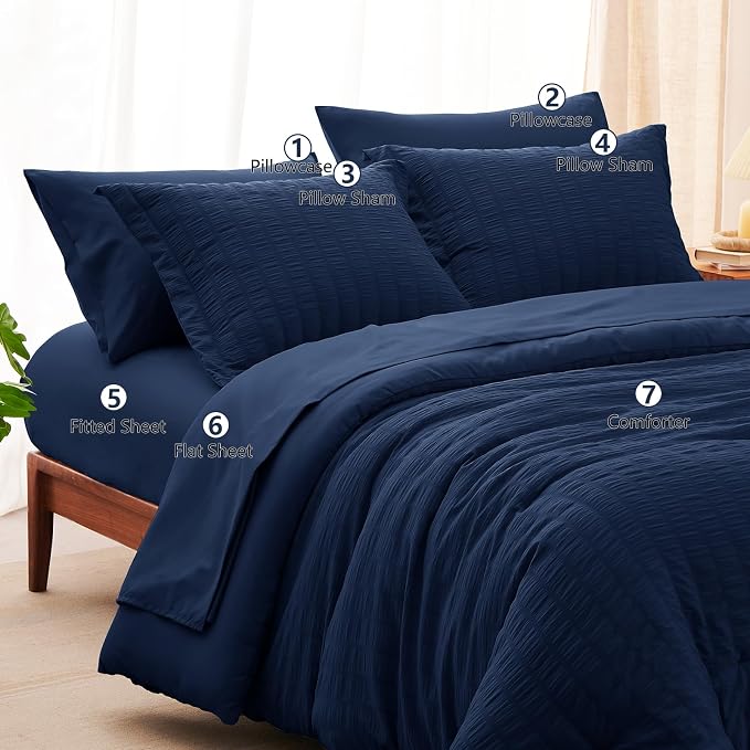 CozyLux Queen Comforter Set Navy Blue Seersucker 7 Pieces Bed in a Bag Queen - Image 8