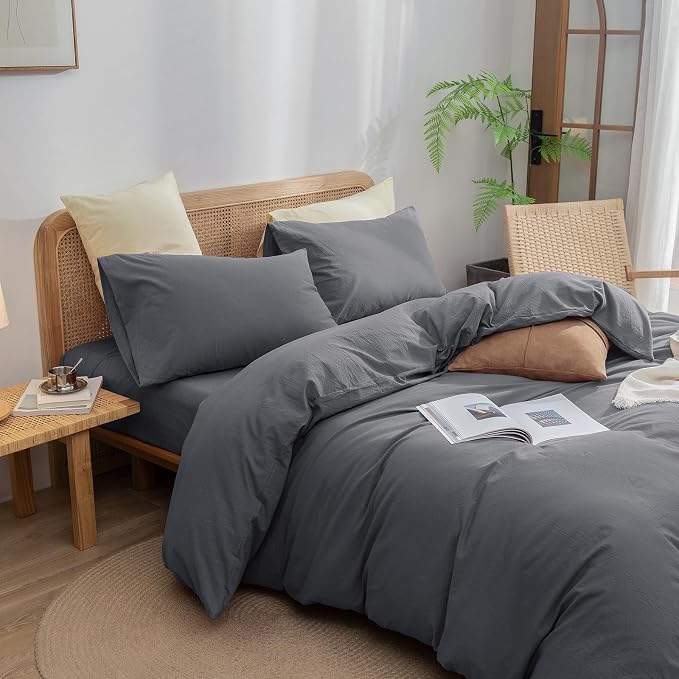 BESTOUCH Duvet Cover Set 100% Washed Cotton Linen Feel Super Soft Comfortable - Image 2