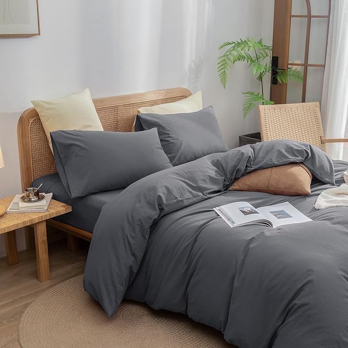 BESTOUCH Duvet Cover Set 100% Washed Cotton Linen Feel Super Soft Comfortable - Image 2