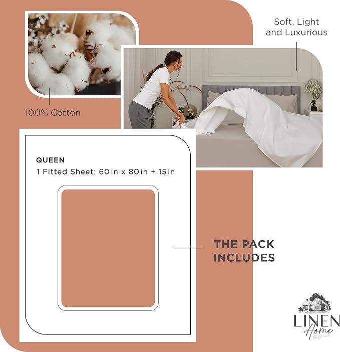 Linen Home 100% Cotton Percale Weave Fitted Sheet, Queen Size, Tera Clay - Image 6
