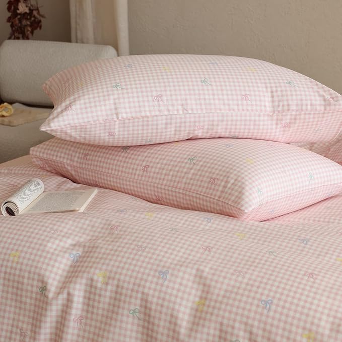 mixinni Gingham Duvet Cover Queen Size, 100% Cotton Light Pink and White - Image 4