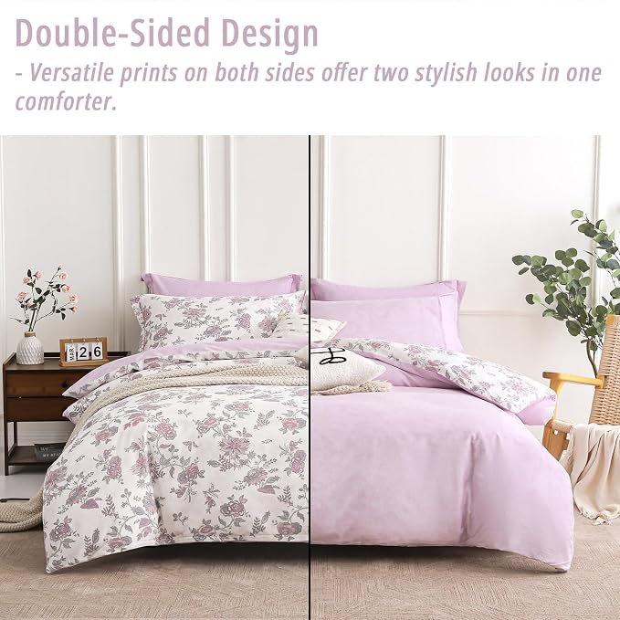 LEMIROE Pink Floral Cotton Comforter Queen Size 3PC - Image 3