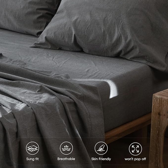 MooMee Fitted Bottom Sheet Only 100% Washed Cotton Linen Like Textured - Image 5