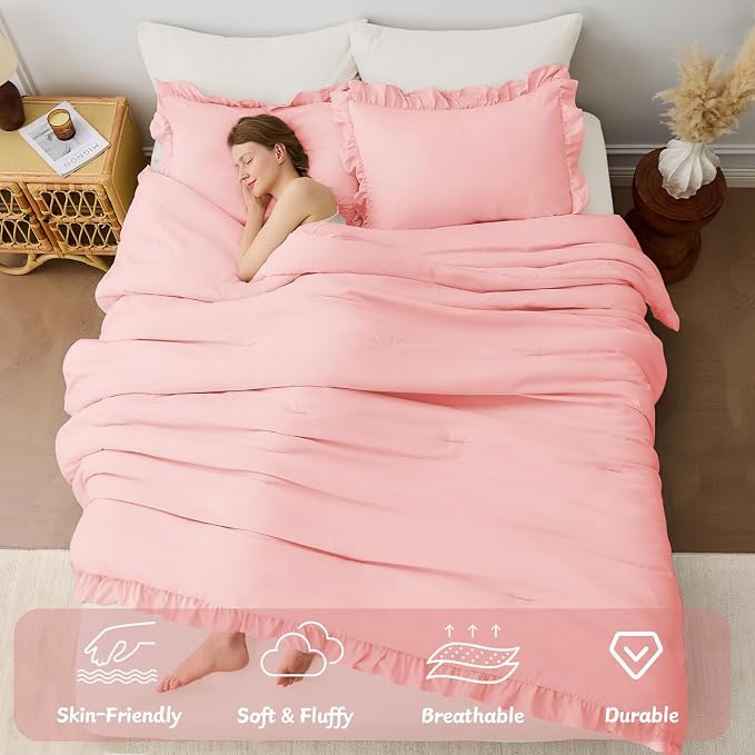FUANNA King Size Comforter Set Pink, 3 Pieces Ruffle King Bedding Set, Fluffy - Image 4