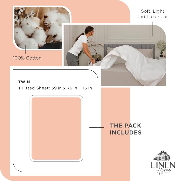 Linen Home 100% Cotton Percale Weave Fitted Sheet, Twin Size, Tropical Peach - Image 6