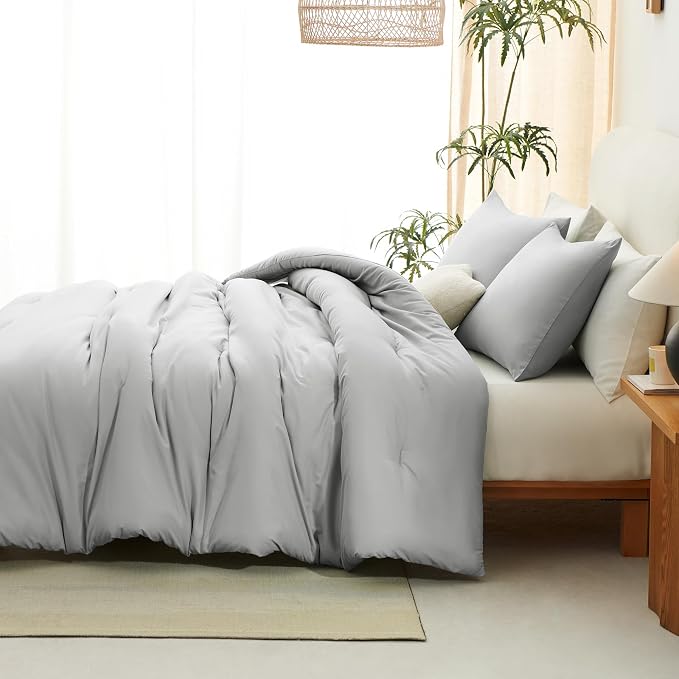 CozyLux Full Size Comforter Set Light Grey, 3 Pieces Solid Breathable Quilted - Image 8