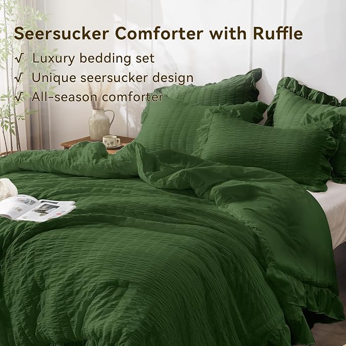 JOLLYVOGUE Dark Green King Comforter Set, 3 Pieces Seersucker Comforters King - Image 4