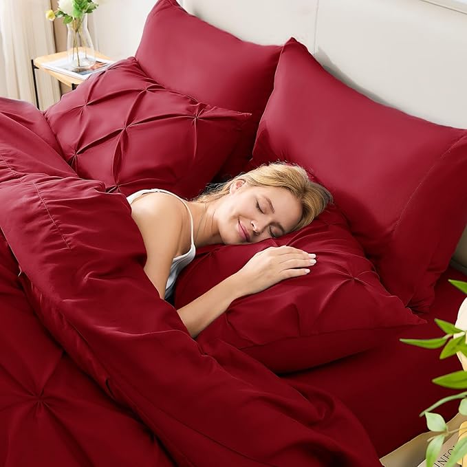 HIMEET Pintuck Bed in a Bag, 7 Pieces Full Size Comforter Set Dark Red - Image 7
