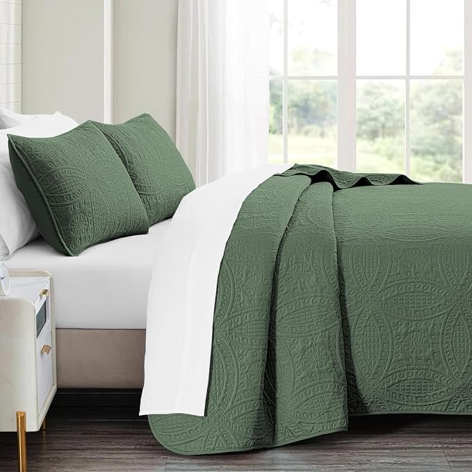 akkialla Twin Quilt Bedding Set, Olive Green Ultrasonic Quilt Set, Lightweight - Image 4