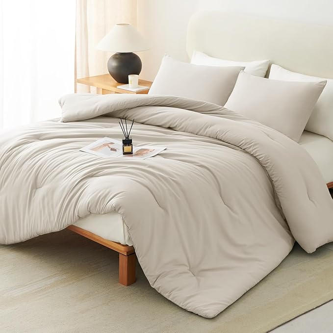 CozyLux Oversized Queen Comforter Set Beige, 3 Pieces 98x98 Solid Breathable by CozyLux
