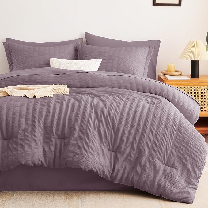 CozyLux Queen Comforter Set Dusty Purple Seersucker 7 Pieces Bed in a Bag Queen - Image 9