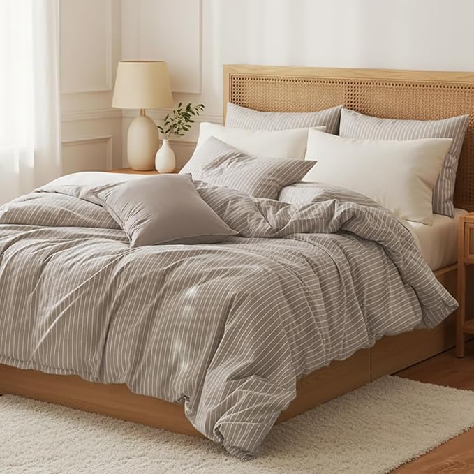 Nayoroom Brown Striped Duvet Cover Queen Size 100% Washed Cotton White - Image 4