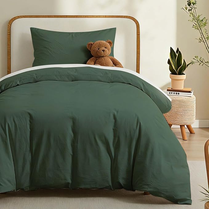 LOVQUE Green Duvet Cover Twin Size, 100% Washed Cotton Linen Like Bedding Set by LOVQUE