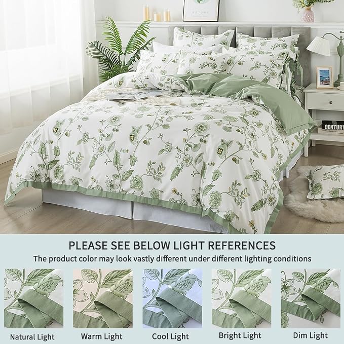 FADFAY Green Duvet Cover Set Queen Floral Bedding 100% Cotton Shabby Vintage - Image 7