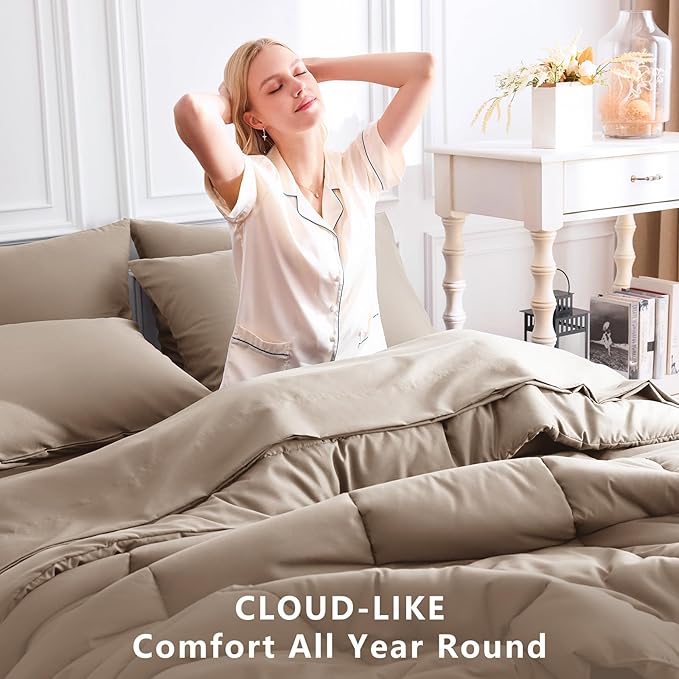 CozyLux Full Size Comforter Sets Khaki, 7 Pieces Bed in a Bag, Khaki Comforter - Image 4