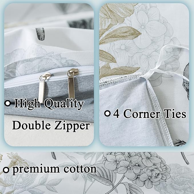 FADFAY Floral Duvet Cover Set Twin XL 100% Cotton College Bedding Ink Grey - Image 3