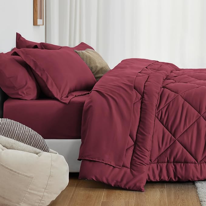 Love's cabin Queen Comforter Set Burgundy, 7 Pieces Queen Bed in a Bag - Image 3