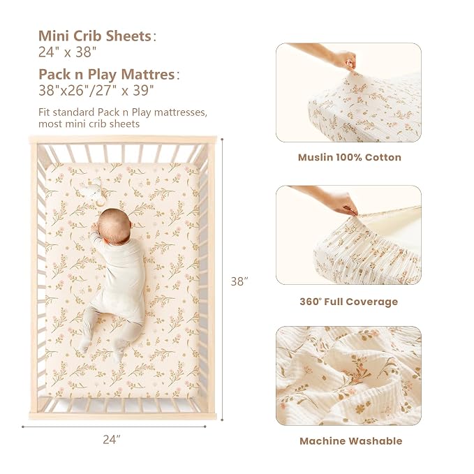 Konssy Muslin Mini Crib Sheets, 100% Soft Cotton Pack and Play Sheets - Image 3