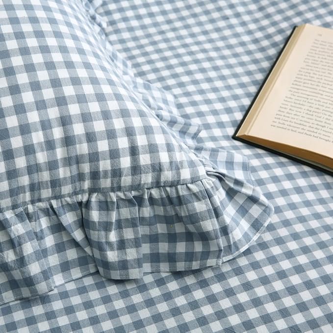 Silnuo Light Blue/White Plaid Ruffle Duvet Cover King Size, 100% Washed Cotton - Image 6