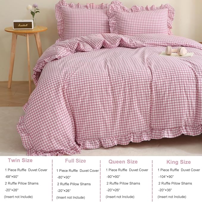 Silnuo Vintage Pink/White Plaid Ruffle 3-Piece Duvet Cover Set Queen Size - Image 3
