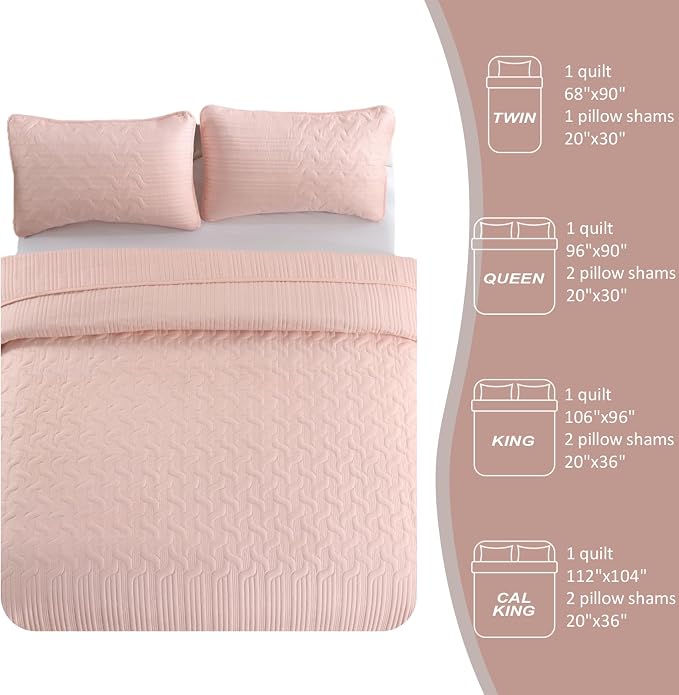 Yiran Blush Pink Quilt Set King Size, 3 Piece Reversible Bedspreads Bedding Set - Image 8