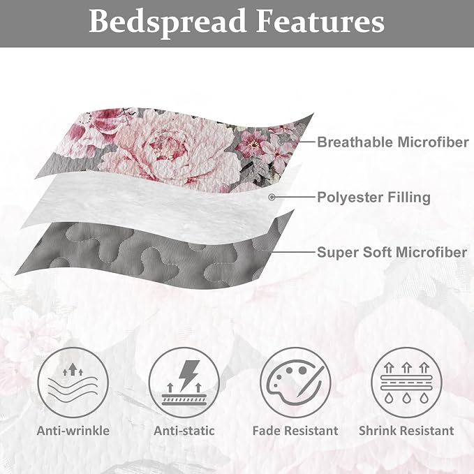 WONGS BEDDING Floral Quilt Set King, 3 Pieces Reversible Elegant Pink Flower - Image 6