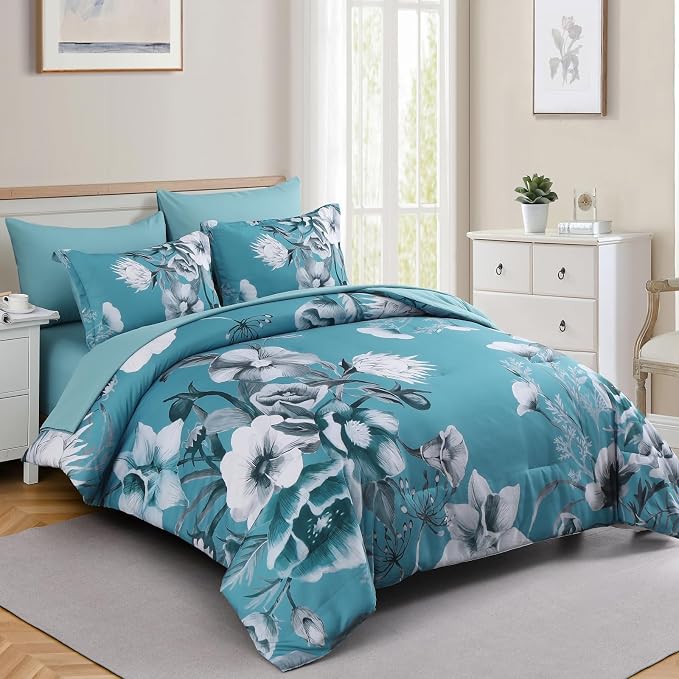 Luxudecor Floral Comforter Set Queen Size 7 Piece, Teal Blue Flower Bed in a Bag - Image 2