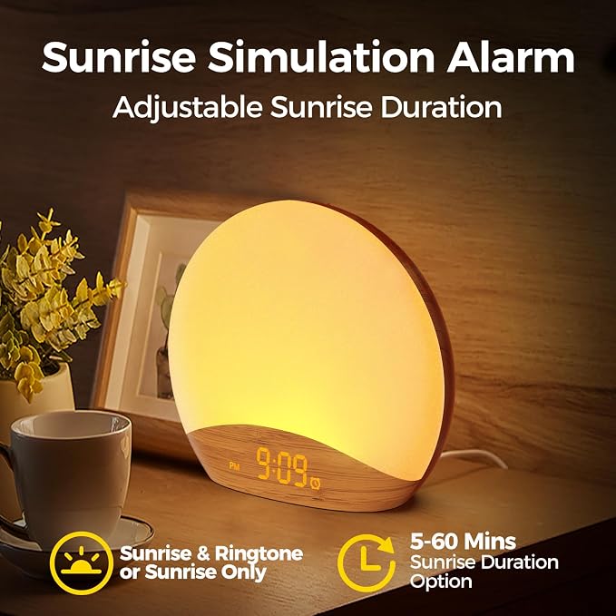 REACHER Wood Grain Sunrise Alarm Clock and Sound Machine Nightlight, Digital - Image 8
