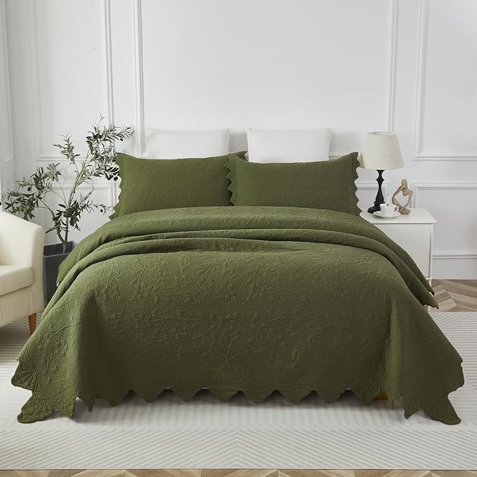 Brandream Olive Green Floral Vine Cotton Quilt Set King Size Luxury Scalloped - Image 9