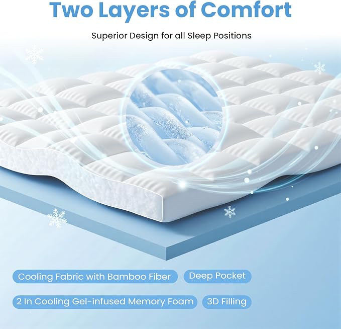 DUMOS Dual Layer Mattress Topper King Size, 2 Inch Gel Memory Foam + 1 Inch - Image 2