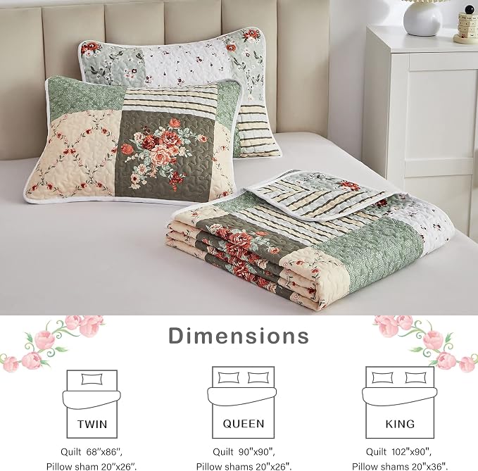 Patchwork Quilt Set King Size, 3 Pieces Green Floral Plaid Summer Bedspread - Image 6