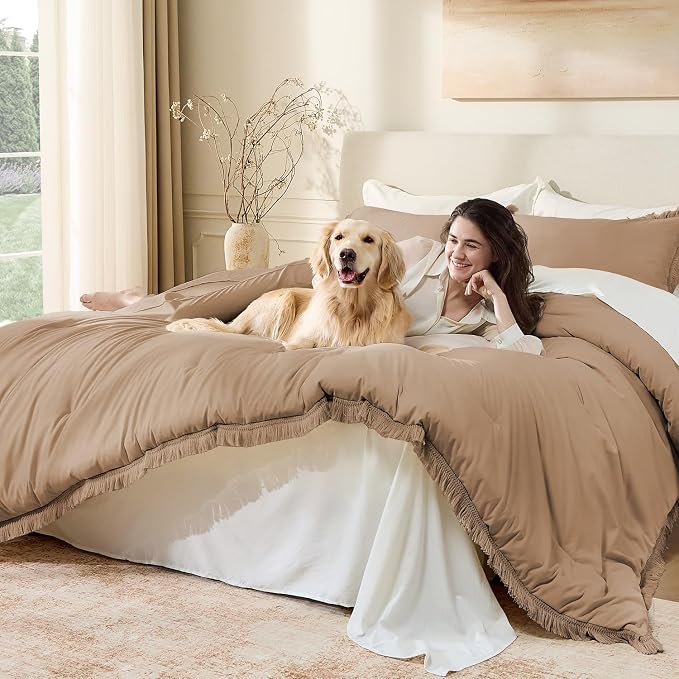 Andency Taupe Comforter Set King Size, 3 Pieces Boho Tassel Lightweight Bedding - Image 3