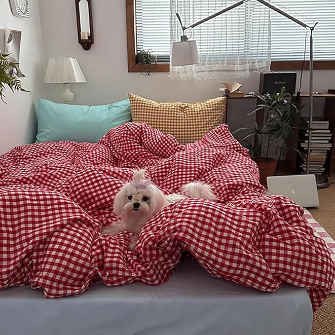 Nayoroom Red Gingham Duvet Cover Queen Size 100% Washed Cotton Plaid Checkered - Image 7