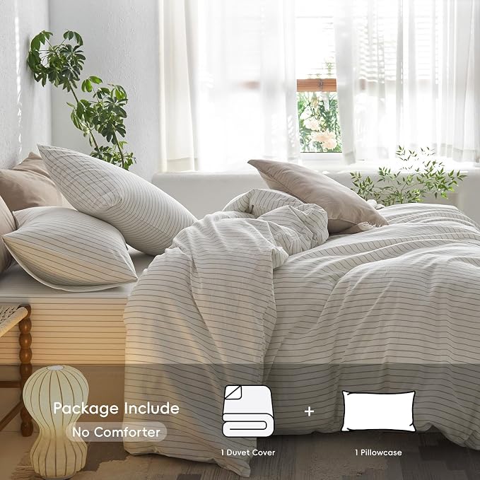 MooMee Striped Duvet Cover Set 100% Washed Cotton Linen Like Textured - Image 2