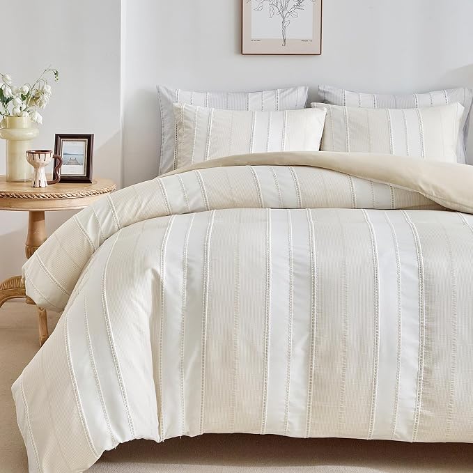 WARMDERN Khaki Striped Weave Duvet Cover King Size, Microfiber Textured Bedding by WARMDERN