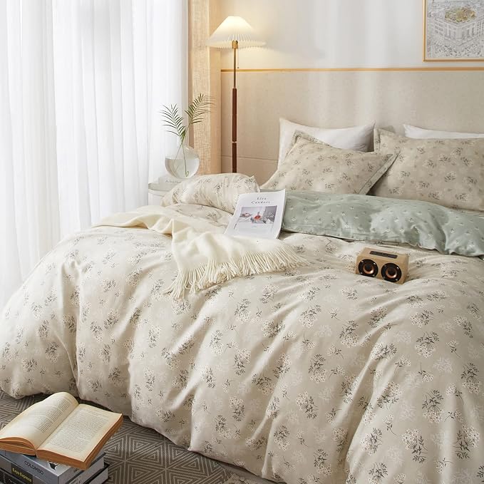 mixinni Duvet Cover Set Floral King Size Soft Cotton Bedding Flower Green - Image 3