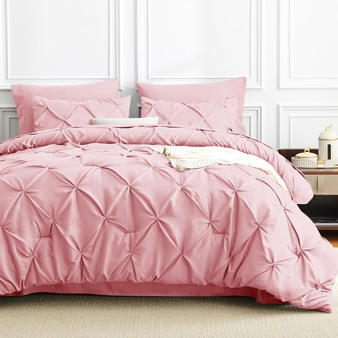 HIMEET Pintuck Bed in a Bag, 7 Pieces King Size Comforter Set Pink, Luxury - Image 9