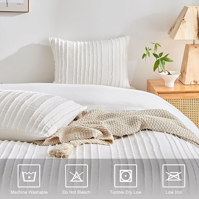WARMDERN White Boho Duvet Cover Set King Size, Striped Textured Duvet Cover - Image 4