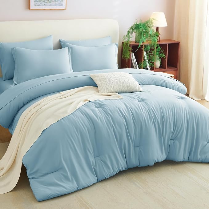 CozyLux Queen Comforter Set Light Blue, 7 Pieces Bed in a Bag Queen Comforter - Image 9