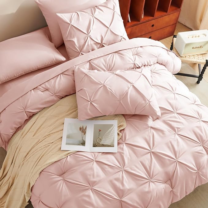 CozyLux King Size Comforter Set Peach Pink, 7 Pieces Pintuck Bed in A Bag Pink - Image 4