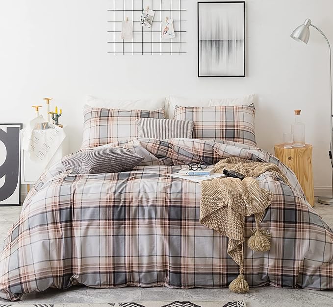 SUSYBAO Plaid Duvet Cover Queen 100% Cotton Khaki Gingham Duvet Cover Set 3 by SUSYBAO