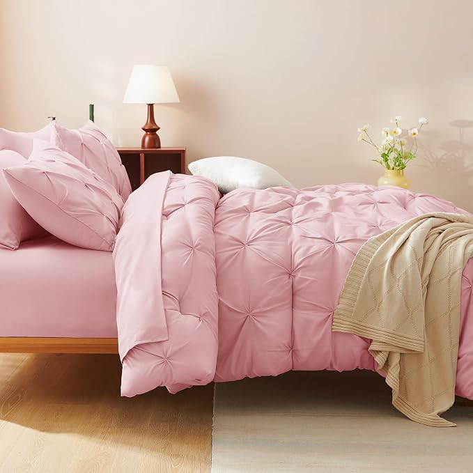 CozyLux Queen Comforter Set Pink, 7 Pieces Pintuck Bed in A Bag, Premium Pink - Image 8