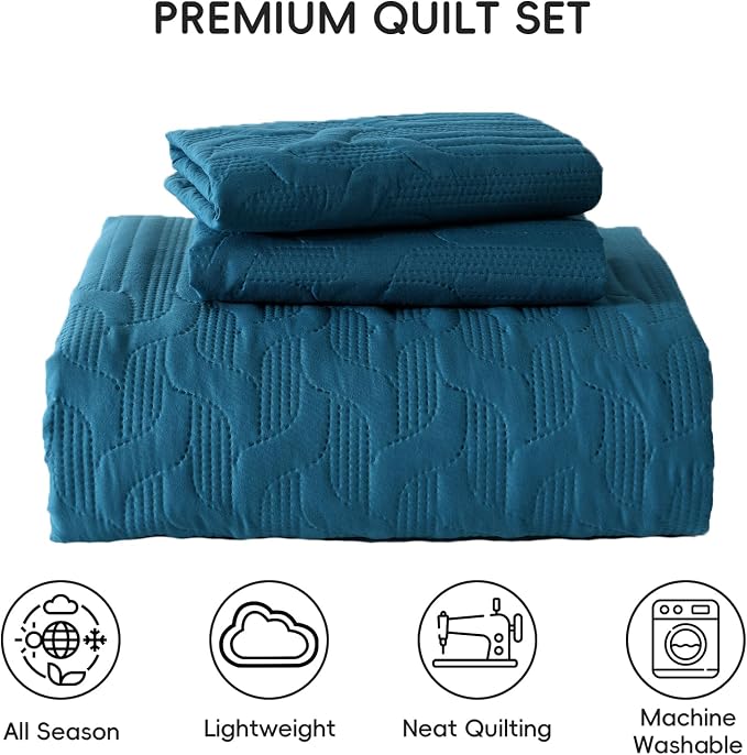 Yiran Teal Blue Quilt Set Queen Size Lightweight Bedspread Ultrasonic Wave - Image 7
