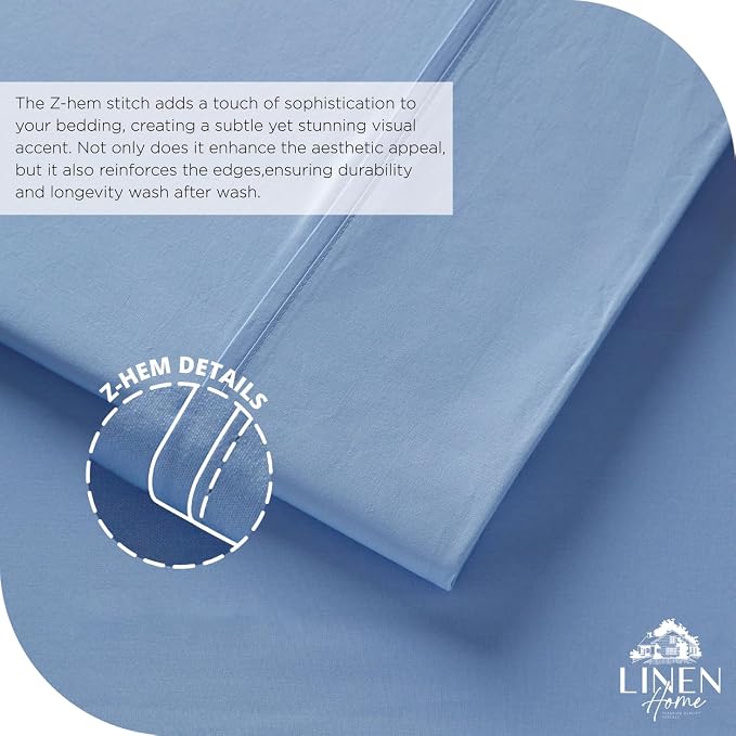 Linen Home 100% Cotton Percale Sheet Set, Queen Size, Baby Blue, Deep Pocket - Image 3