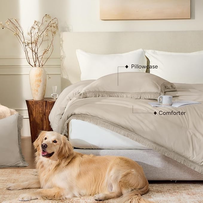 Andency Oatmeal Comforter Set King Size, 3 Pieces Boho Tassel Lightweight - Image 5