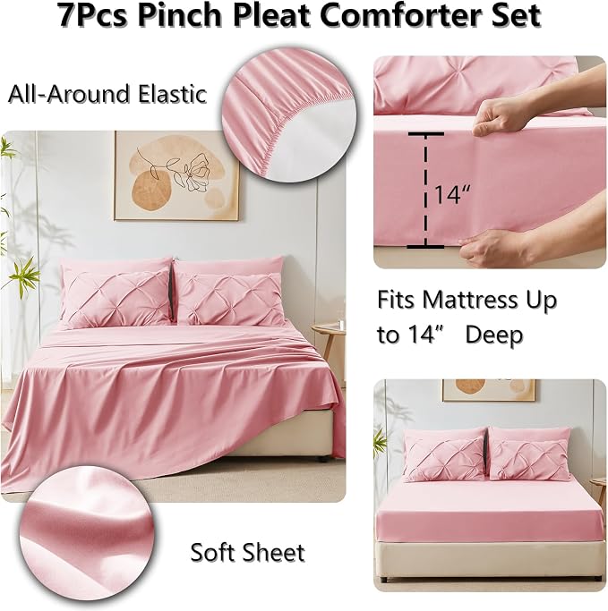 HIMEET Pintuck Bed in a Bag, 7 Pieces Full Size Comforter Set Pink, Luxury - Image 6