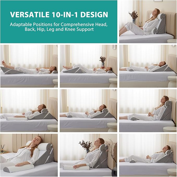 Bedluxe Adjustable 4pcs Bed Wedge Pillow Set, Memory Foam Wedge Pillows Post - Image 3