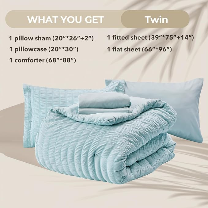 HYMOKEGE Lake Blue Twin Comforter Set Seersucker 5 Pieces, All Season Luxury - Image 5