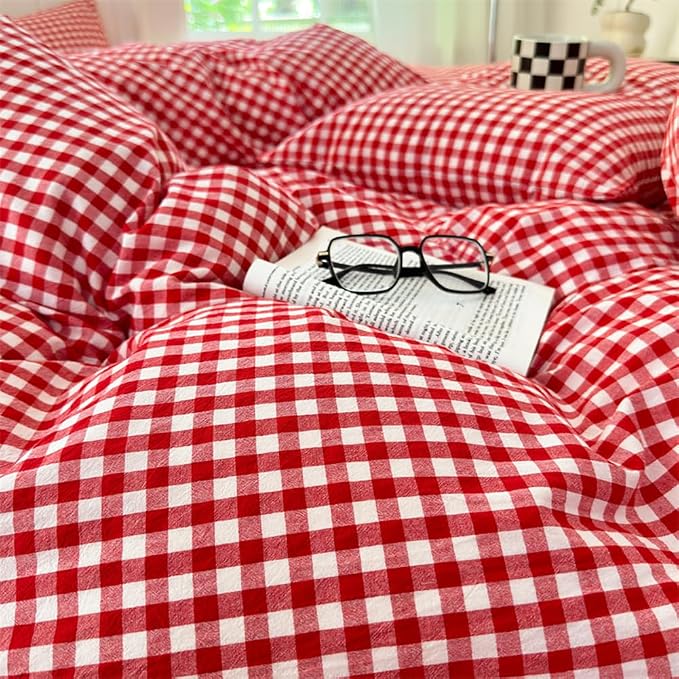 Nayoroom Red Gingham Duvet Cover Queen Size 100% Washed Cotton Plaid Checkered - Image 4